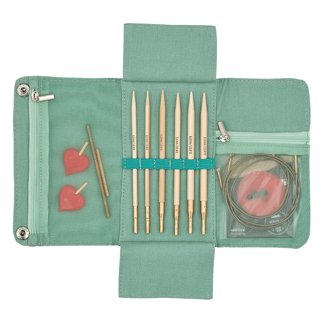 Geöffnetes mintfarbenes addiClick Nature Bamboo Starter-Set mit drei Paar Bambusspitzen