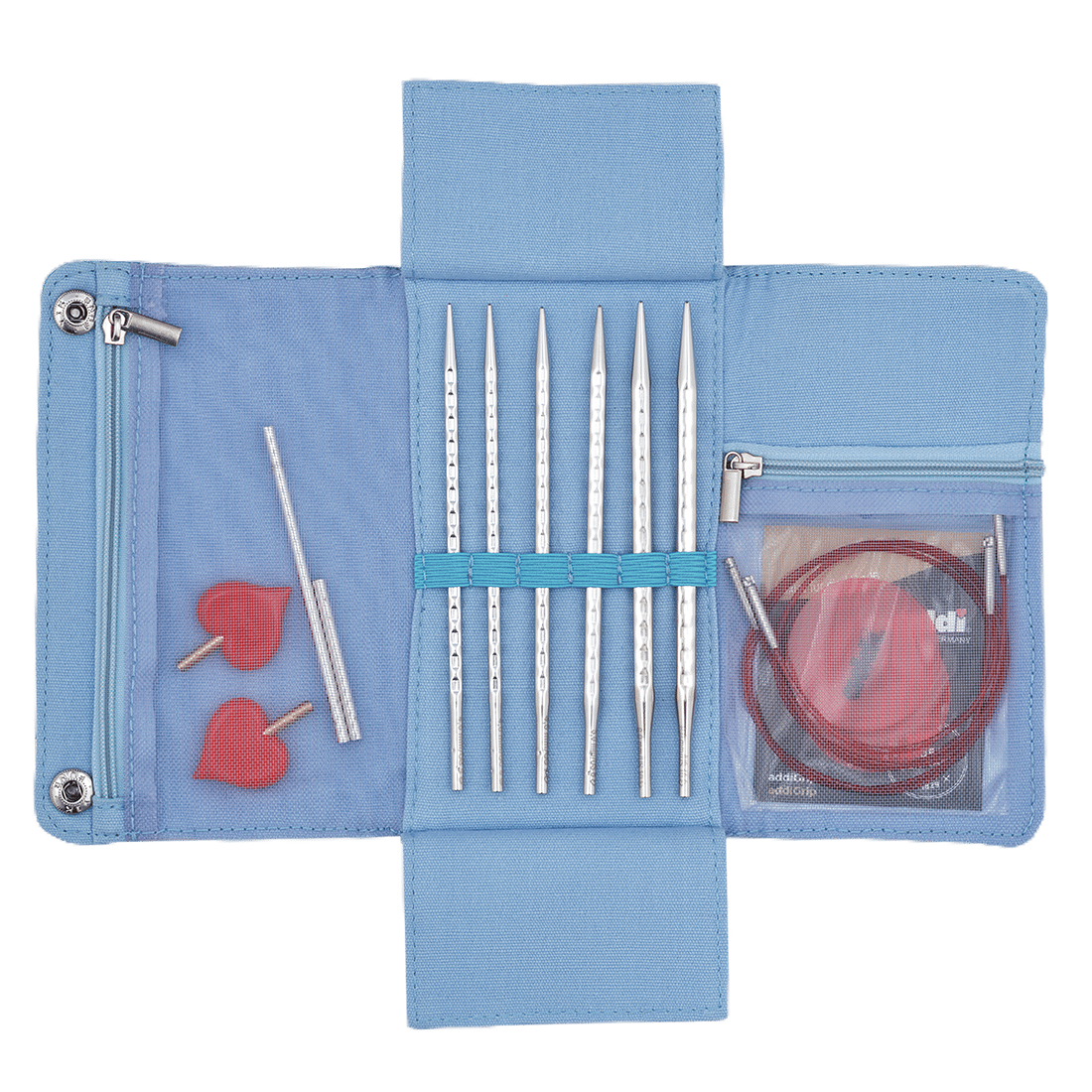 Geöffnetes blaues addiClick Novel Lace Long Starter-Set mit Spitzen und roten Seilen