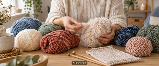 Verschiedene Polyestergarne am Strickplatz – von glattem Garn bis Chenille und Kunstfell