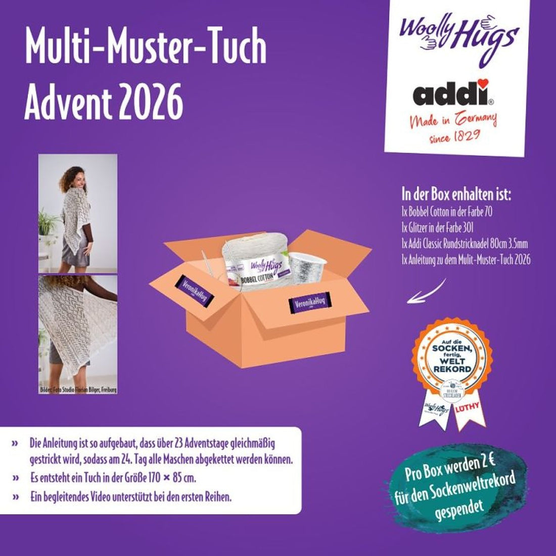 Multi-Muster-Tuch Advent 2026 von Woolly Hugs – Advent 2026 – Bobbel 70 & Glitzer 301