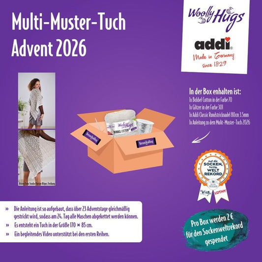 Multi-Muster-Tuch Advent 2026 von Woolly Hugs – Advent 2026 – Bobbel 70 & Glitzer 301