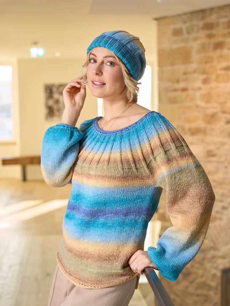 Mütze und Top Down-Pulli mit Rippenmusterpasse