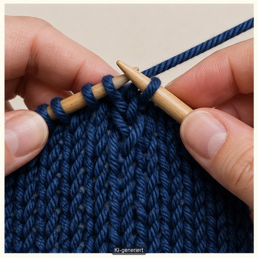 Zwei Maschen werden für eine sichtbar rechtsgeneigte Abnahme zusammengestrickt