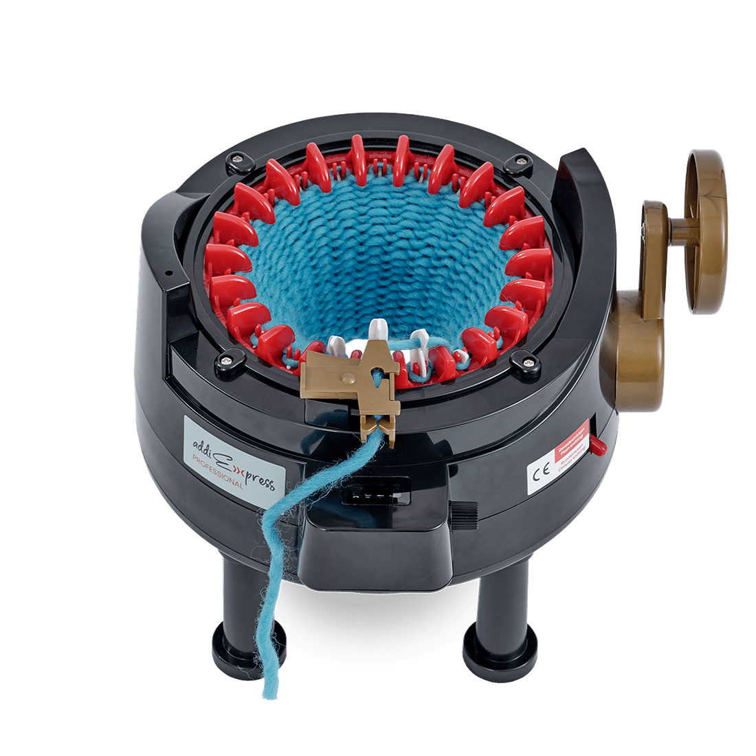 addiExpress Professional Rundstrickmaschine mit 22 Nadeln und blauem Strickschlauch