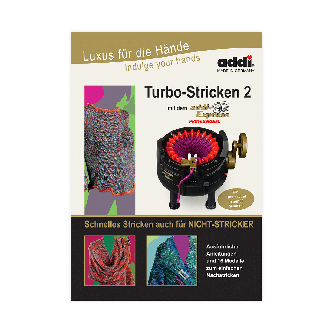 Deutsches addiExpress Anleitungsbuch Turbo-Stricken 2 mit Professional Strickmaschine auf dem Cover