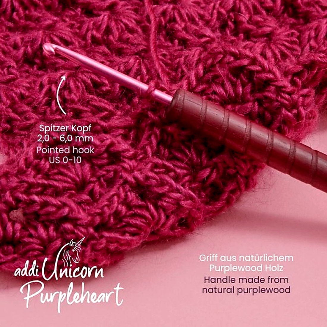 addi Unicorn Purpleheart Häkelnadel in Anwendung