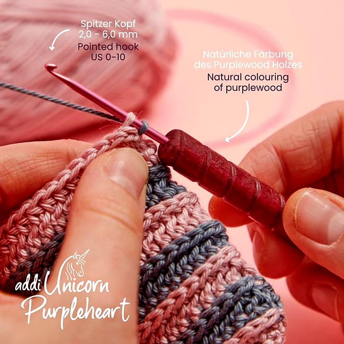 addi Unicorn Purpleheart Häkelnadel – spiralförmiger Holzgriff