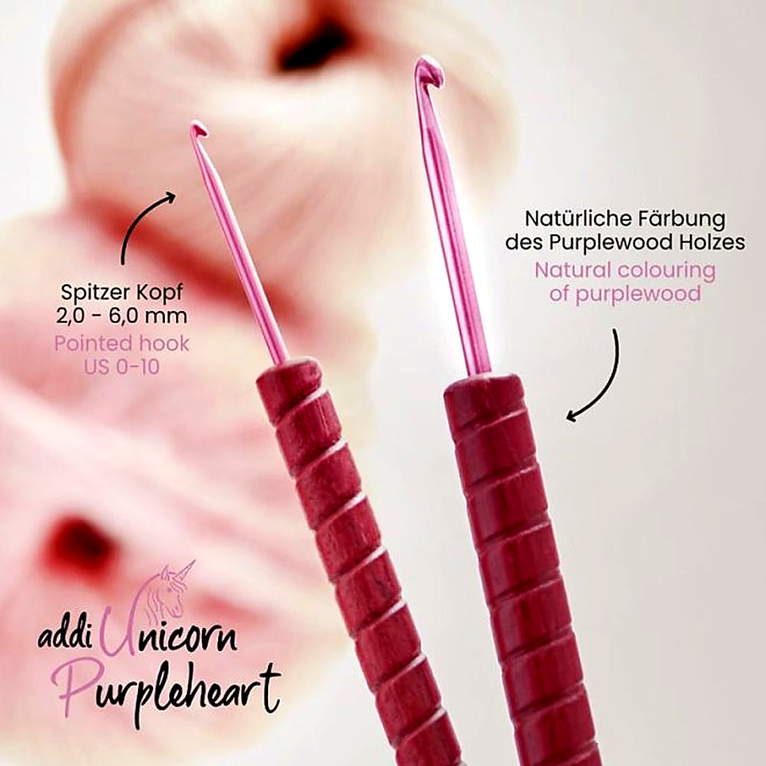 addi Unicorn Purpleheart Häkelnadel – spitzer farbiger Hakenkopf