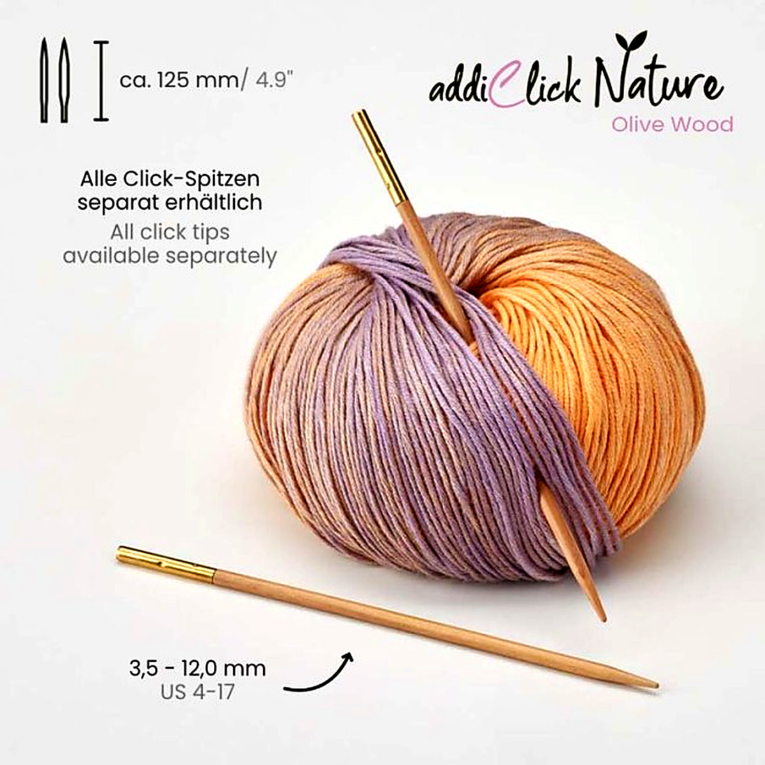 addiClick Nature Olivenholz Nadelspitzen mit goldfarbener Click-Hülse