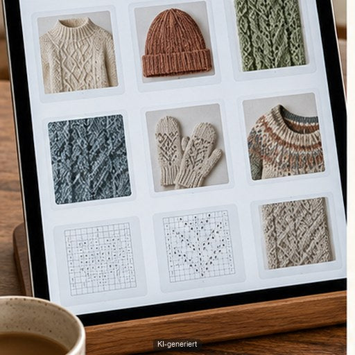 Digitale Strickmuster sind in klaren visuellen Ordnern auf einem Tablet sortiert