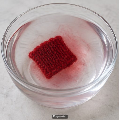 Leicht ausblutende rote Wollprobe im Wasser