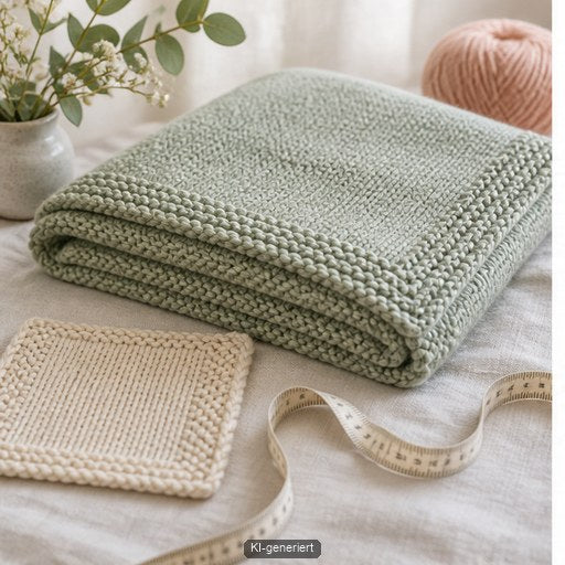 Gestrickte Babydecke liegt mit Maschenprobe und Maßband als Größenplanung bereit
