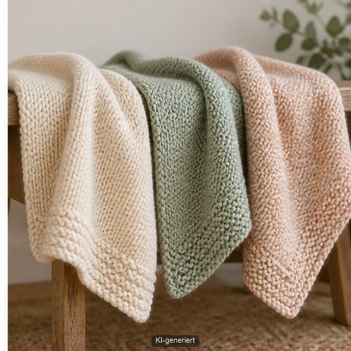 Drei gestrickte Decken zeigen unterschiedlichen Fall verschiedener Garne