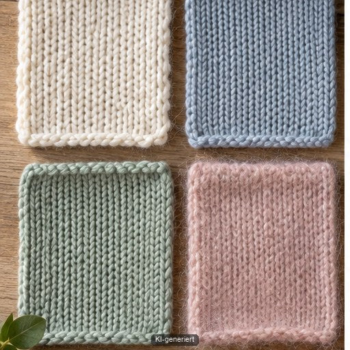 Pastellfarbene ungekennzeichnete Garnknäuel liegen neben einer schlichten gestrickten Babyjacke ohne Kind oder Markenetikett