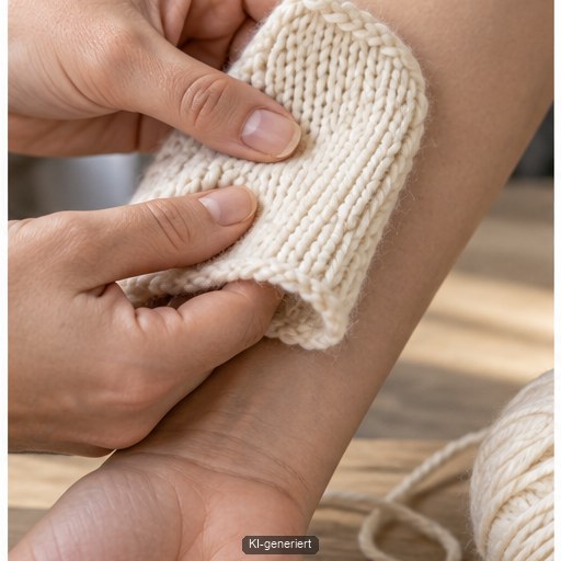 Vier gestrickte Materialproben zeigen Merino, Baumwolle, glattes Mischgarn und flauschiges Garn im Vergleich