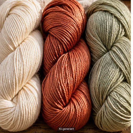 Matte naturweiße und farbige Baumwollgarne liegen neben einem modernen gestrickten Sommertop ohne Etiketten