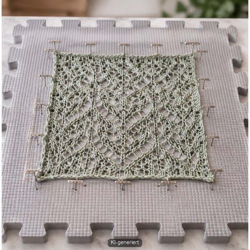 Lace-Strickprobe wird gleichmäßig auf Blockingmatten gespannt