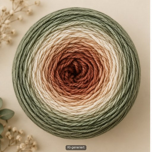 Unetikettierter Farbverlaufsbobbel in Salbei Creme und Rost liegt neben einem gestrickten Tuch mit weichem Verlauf