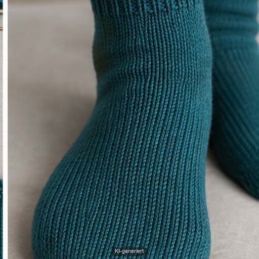 Fertige handgestrickte Socke sitzt glatt und bequem über einem breiten Vorfuß