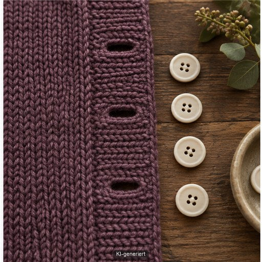Gestrickte Knopflöcher liegen gleichmäßig neben passenden schlichten Knöpfen