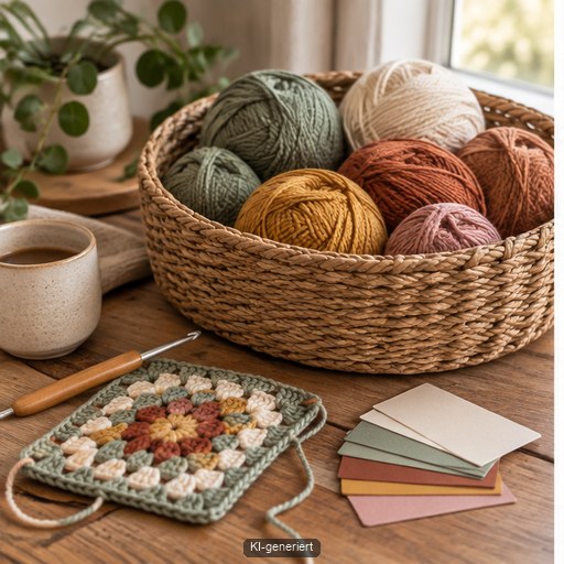 Mehrere erwachsene Hände häkeln gemeinsam an farblich abgestimmten Deckenquadraten auf einem großen Tisch