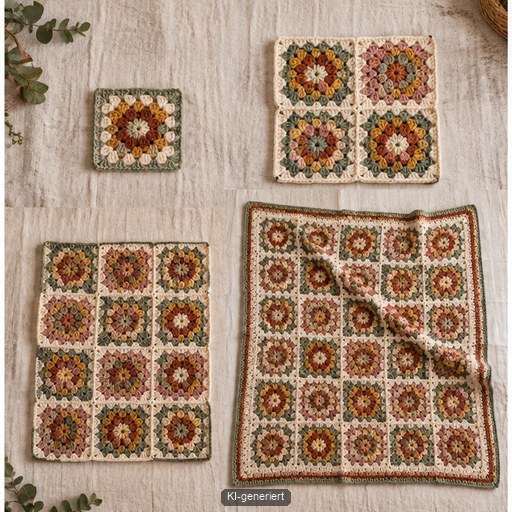 Projektkorb für einen Crochet Along enthält unetikettierte Garne Häkelnadel Maschenprobe und übersichtliche Abschnittskarten ohne Text