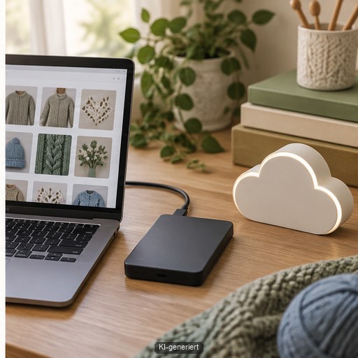 Laptop, externer Datenträger und Cloud-Symbol stehen für eine mehrfache Sicherung