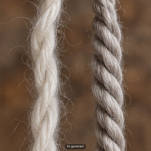 Makroaufnahme vergleicht einen leicht gedrehten Single-Ply-Faden mit einem stabilen mehrfädigen Zwirn