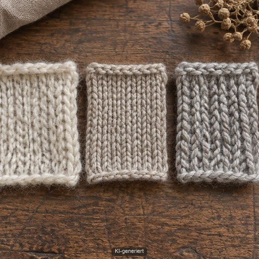 Drei gewaschene Strickproben zeigen Single-Ply einfädig verarbeitet und zwei gemeinsam gehaltene Fäden