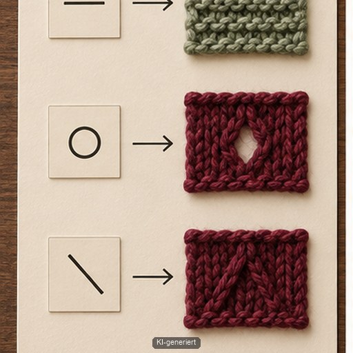 Stricksymbole führen zu rechten, linken und zugenommenen Maschen