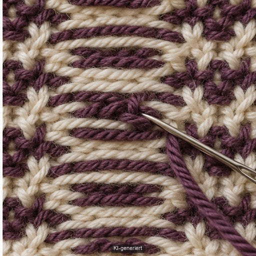 Farbiger Faden wird auf der Rückseite eines Colorwork-Musters in gleicher Farbe gesichert