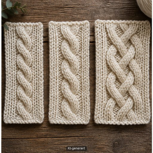 Drei quadratische Strickproben zeigen eine einfache Kreuzung einen klassischen Zopf und ein breites Flechtband