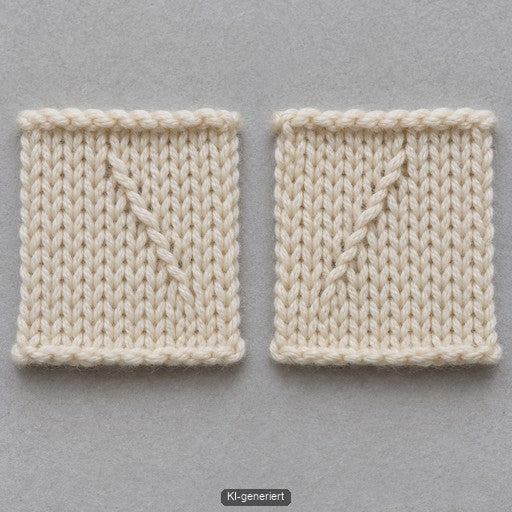 Eine übersichtliche Skizze aus Garn und Maschenmarkierern zeigt rechte und linke Abnahmen als Spiegelpaar