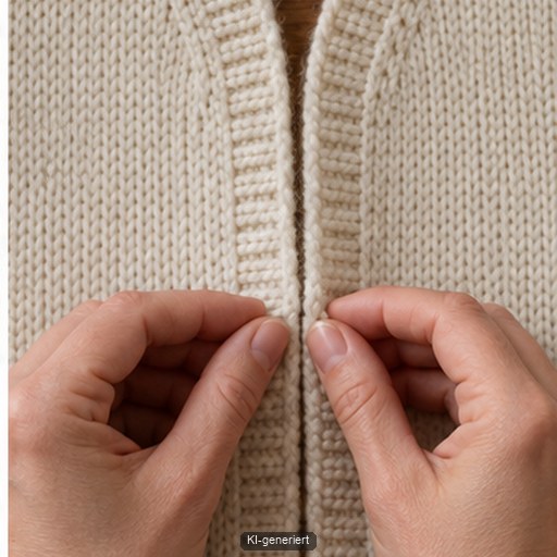 Erwachsene Hände prüfen zwei gegengleich gearbeitete Strickteile Kante an Kante auf Symmetrie