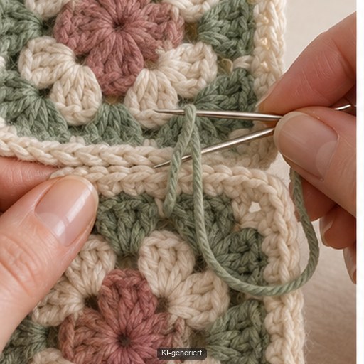 Zwei Granny Squares werden mit einer flachen Nadelnaht verbunden