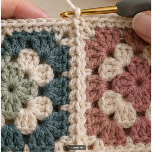 Granny Squares werden mit gleichmäßigen Kettmaschen verbunden