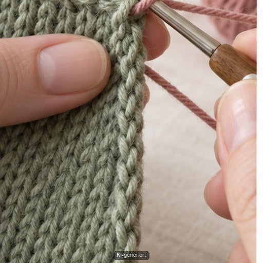 Häkelnadel wird durch eine stabile Strickrandmasche geführt
