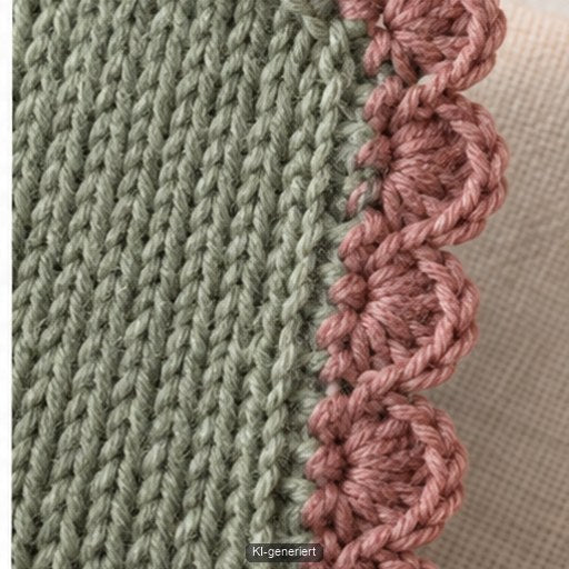 Fertige dekorative Häkelkante an einem Strickstück