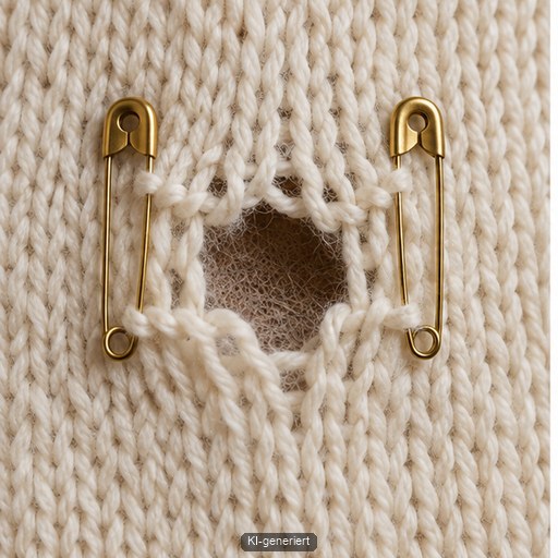 Offene Maschen rund um ein Loch im Strickstoff sind mit Sicherheitsnadeln gesichert