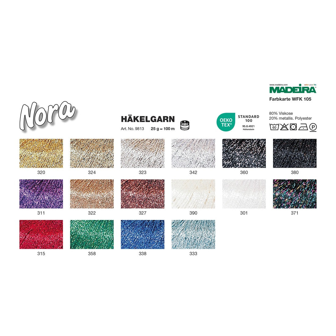 Offizielle Madeira-Farbkarte für Nora mit Farben und Pflegesymbolen