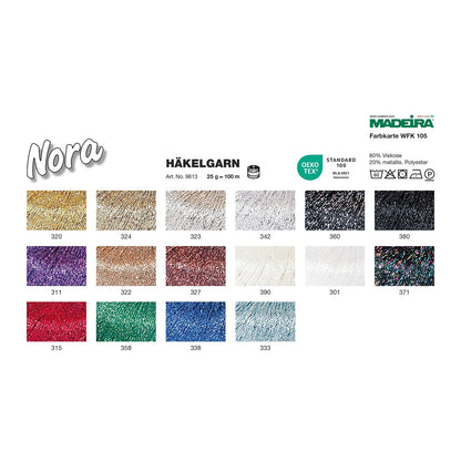 Offizielle Madeira-Farbkarte für Nora mit Farben und Pflegesymbolen