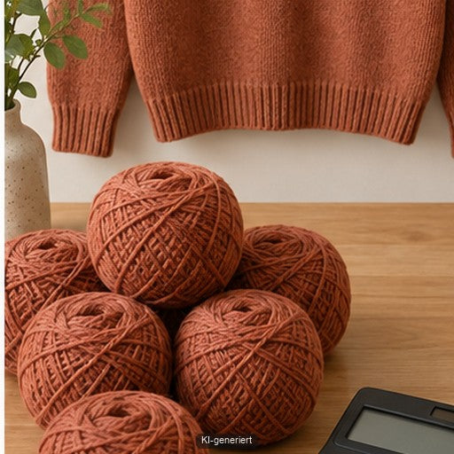 Eine gewaschene Strickprobe wird gemessen und ihr Gewicht auf ein Pulloverprojekt übertragen