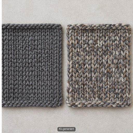 Zwei Strickproben in Uni und Mélange im direkten Vergleich