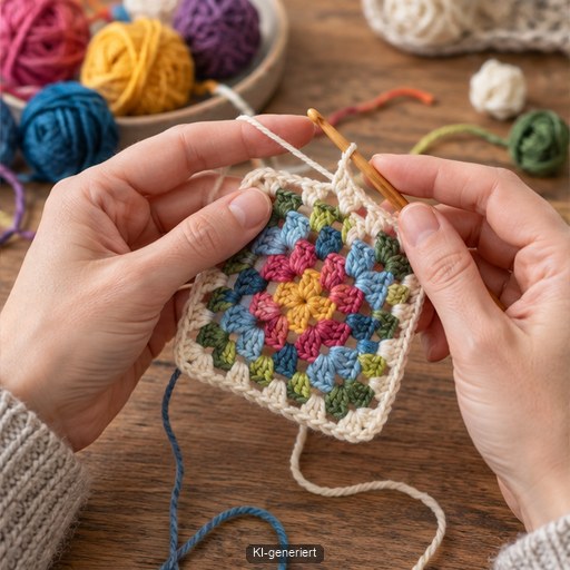 Ein kleines buntes Granny Square wird aus mehreren Garnresten gehäkelt