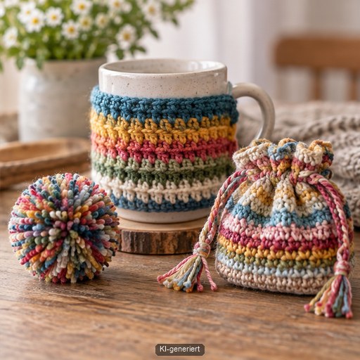 Tassenwärmer, Pompon und Zugbeutel zeigen praktische Mini-Projekte aus Wollresten