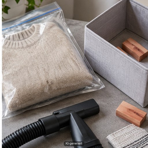 Wolltextil liegt verschlossen neben sauberer Aufbewahrungsbox und Staubsaugerdüse