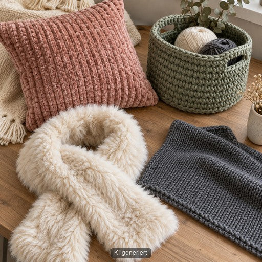 Handgemachte Projekte aus unterschiedlichen Polyestergarnen: Chenillekissen, Kunstfellschal, Häkelkorb und Strickfläche