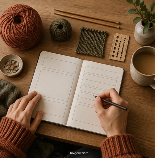 Erwachsene Person dokumentiert ein Strickprojekt mit Journal, Maschenprobe und Maßband