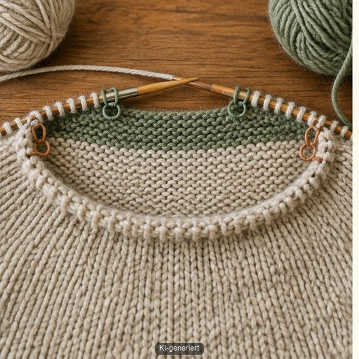Halsausschnitt eines Top-down-Pullovers mit markierter Nackenformung