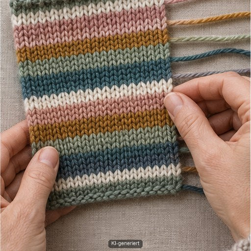 Ringelfolge aus Garnresten wird an einer gestrickten Farbprobe getestet